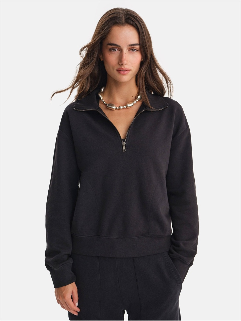 MATE THE LABEL Women's Organic Fleece Cotton Quarter Zip Sweatshirt Black Sz XL